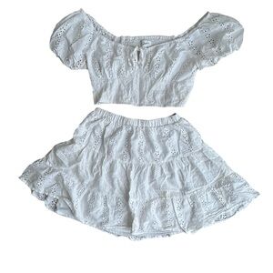 White Eyelet Off-Shoulder Top and Skirt Set